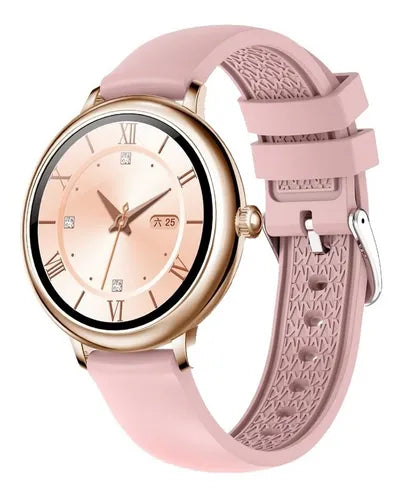 Smartwatch Genérica caja dorada, malla rosa de silicona y bisel dorado